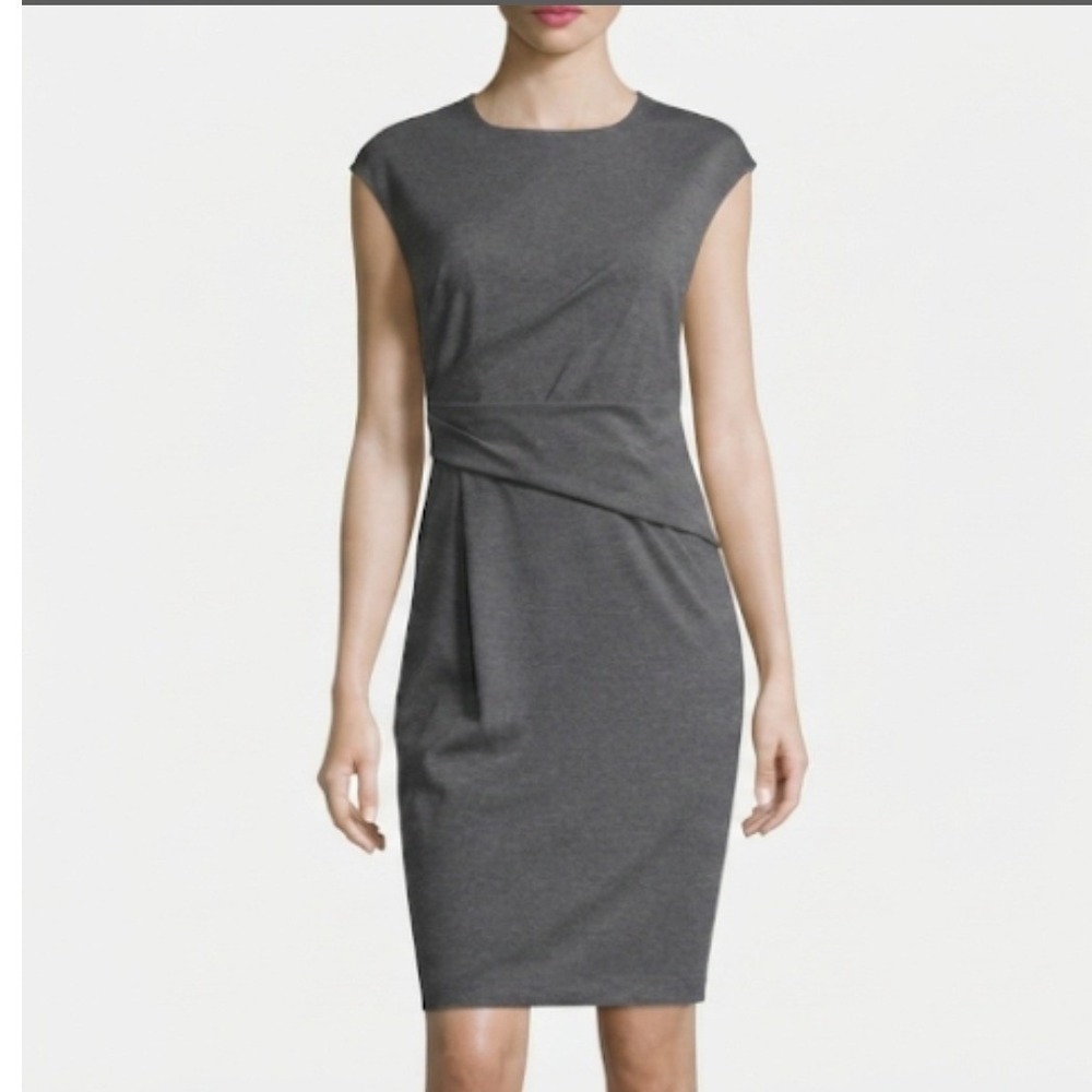 Lafayette 148 New York Gray Pleated Sheath Dress Sleeveless Size 14 Professional
